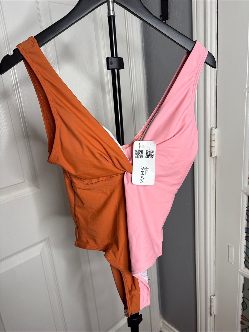 Twist-Front Two-Tone Bodysuit in Pink & Rust